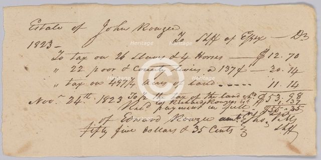 Record of taxes on property, including enslaved persons, owned by John Rouzee, November 24, 1823. Creator: Unknown.
