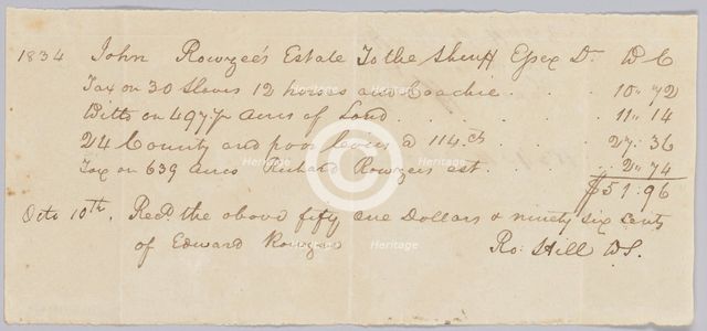 Record of taxes on property, including enslaved persons, owned by John Rouzee, October 10, 1834. Creator: Unknown.