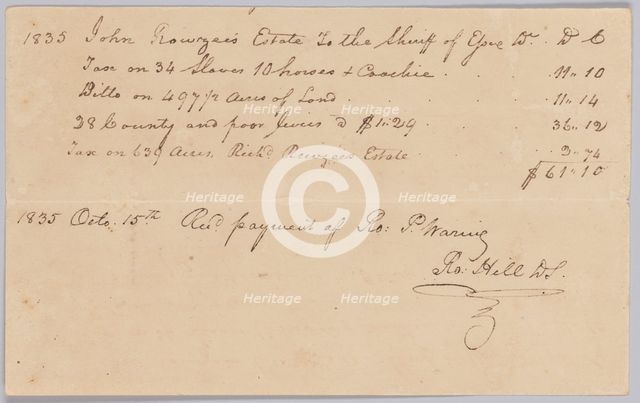 Record of taxes on property, including enslaved persons, owned by John Rouzee, October 15, 1835. Creator: Unknown.