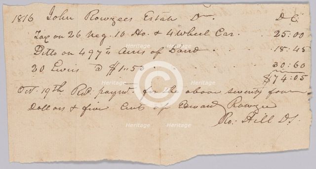 Record of taxes on property, including enslaved persons, owned by John Rouzee, October 19, 1816. Creator: Unknown.