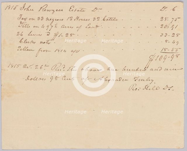 Record of taxes on property, including enslaved persons, owned by John Rouzee, October 26, 1815. Creator: Unknown.
