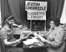 Recording the "Jewish Chronicle" cassette for the Jewish Blind Society, London, 1980. Creator: Sidney Harris