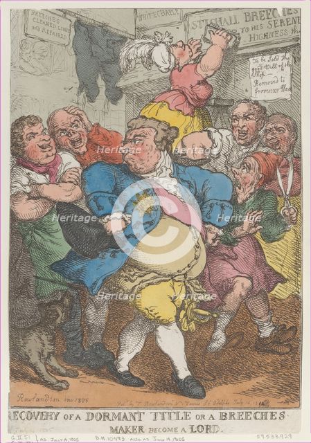 Recovery from a Dormant Title or a Breeches Maker Becom..., [July 14, 1805], reissued July 14, 1812. Creator: Thomas Rowlandson.