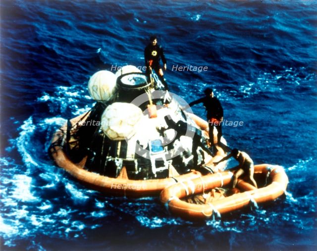 Recovery of command module 'Columbia' in the Pacific Ocean, Apollo II mission, 24 July 1969. Creator: NASA.