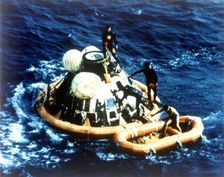 Recovery of command module Columbia in the Pacific Ocean, Apollo II mission, 24 July 1969. Creator: NASA
