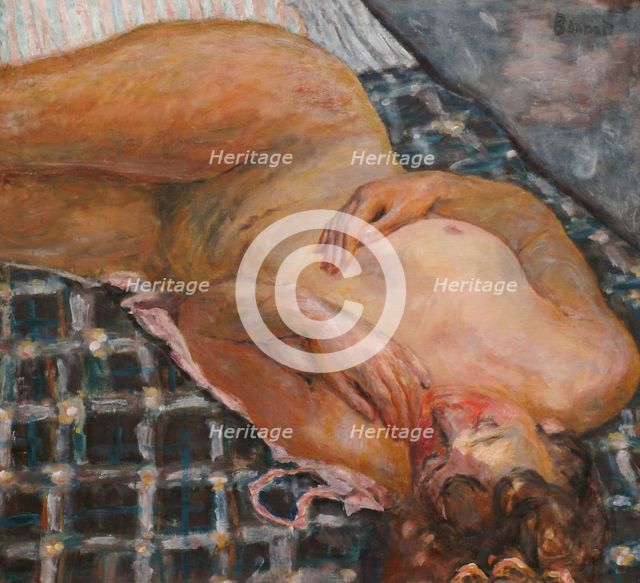 Reclining nude against a white and blue plaid, c. 1909. Artist: Bonnard, Pierre (1867-1947)