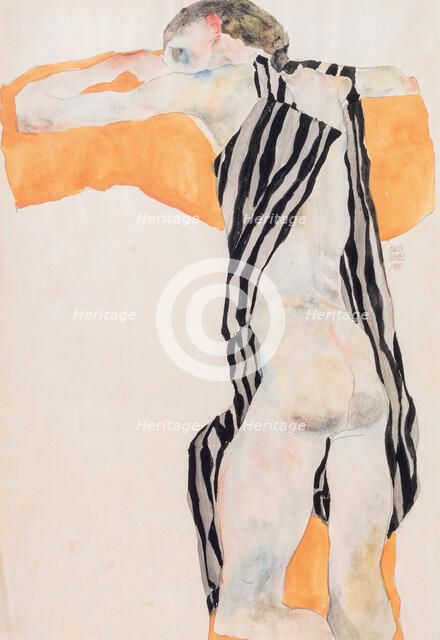 Reclining Nude Girl in Striped Smock, 1911. Creator: Schiele, Egon (1890-1918).