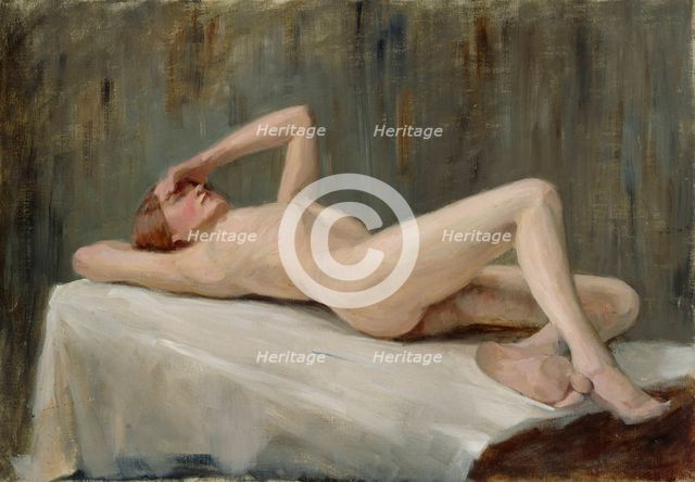 Reclining female model, exercise, 1908-1911. Creator: Maria Wiik.
