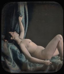 [Reclining Female Nude Posed as Danae], 1850s. Creator: Attributed to Bruno Braquehais (French, 1823?1875)