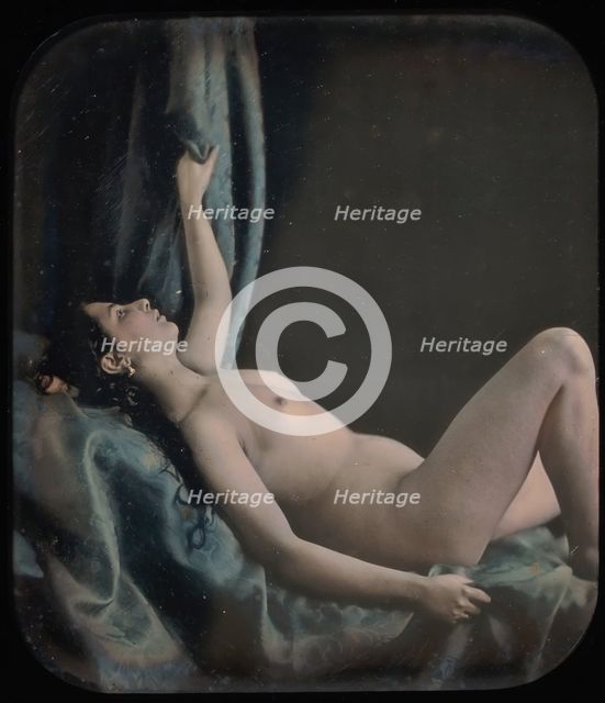 [Reclining Female Nude Posed as Danae], 1850s. Creator: Attributed to Bruno Braquehais (French, 1823?1875).