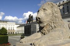 Reclining lion and statue of Prince Jozef Poniatowski, Presidential Palace, Warsaw, Poland, 2013 Creator: LTL