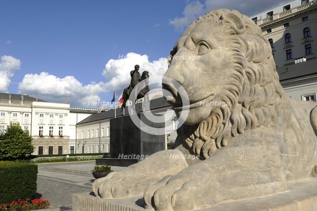Reclining lion and statue of Prince Jozef Poniatowski, Presidential Palace, Warsaw, Poland, 2013 Creator: LTL.