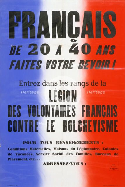 Recruitment poster for the Legion of French Volunteers, 1941-1944. Artist: Unknown