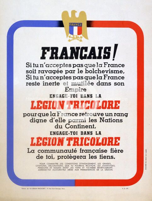 Recruitment poster for the Vichy French Légion Tricolore, 1942. Artist: Unknown