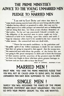 Recruitment Poster The Prime Minister's Advise to the Young Unmarried Men and Pledge to Married Men