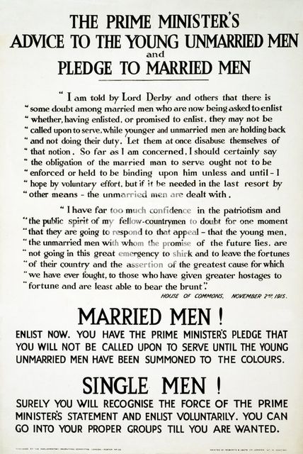 Recruitment Poster The Prime Minister's Advise to the Young Unmarried Men and Pledge to Married Men