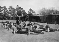 Recruits to the Grenadier Guards at physical drill at Caterham, where the Brigade of Foot Guards de