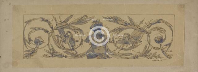 Rectangular field with symmetrical leaf vines with banners, weapons and a laurel wreath, with a helm Creator: Henri Cameré.