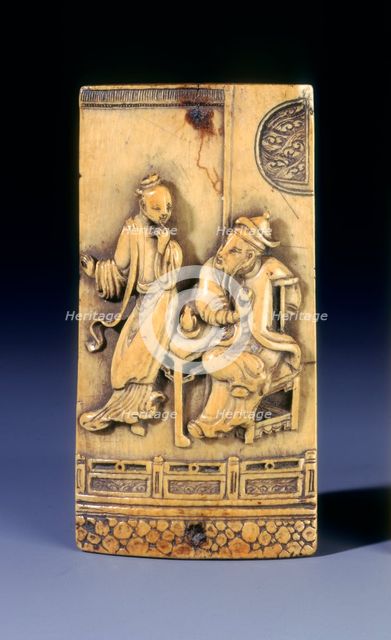 Rectangular ivory panel with figures by a table, Kangxi period, Qing dynasty, China, 1662-1722. Creator: Unknown.