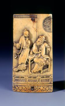 Rectangular ivory panel with figures by a table, Kangxi period, Qing dynasty, China, 1662-1722. Creator: Unknown