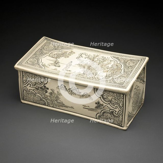 Rectangular Pillow with Figural and Landscape Scenes, Double-Lotus..., Jin dynasty, 13th cent. Creator: Unknown.