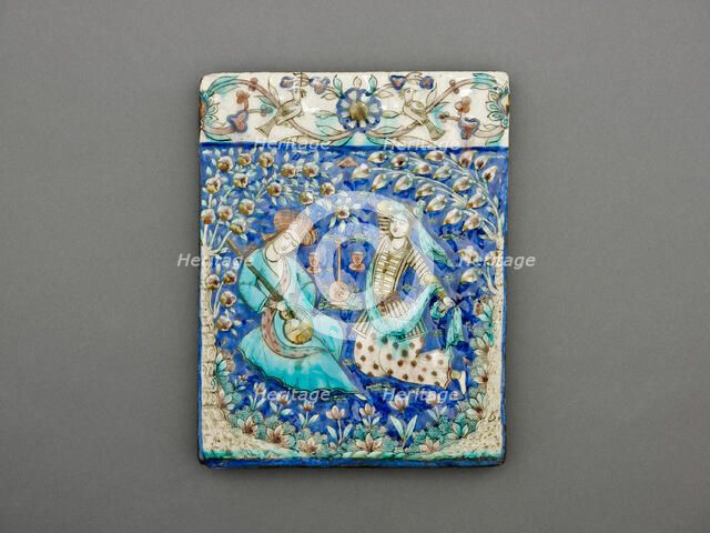 Rectangular Tile with Musician and Dancer, Qajar dynasty (1796-1925), 19th century. Creator: Unknown.