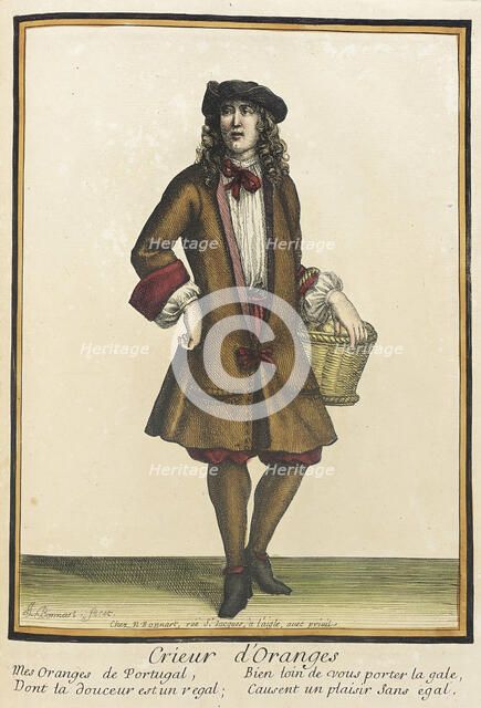 Recueil des modes de la cour de France, 'Crieur d'Oranges', after 1674. Creators: Jean-Baptiste Bonnart, Nicolas Bonnart.