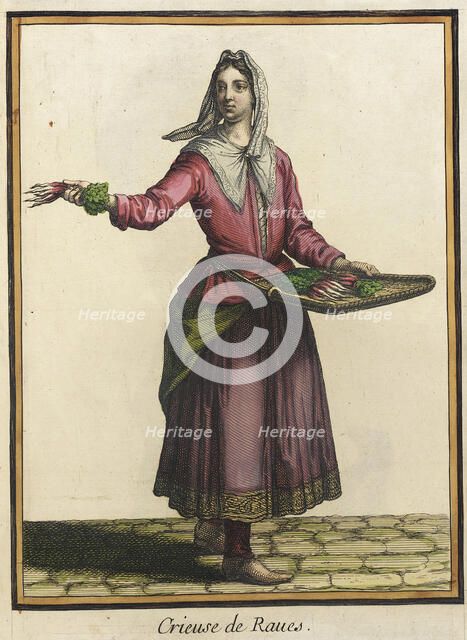 Recueil des modes de la cour de France, 'Crieuse de Raues', Bound 1703-1704. Creator: Henri Bonnart.