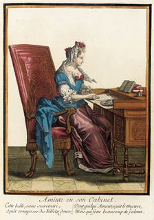 Recueil des modes de la cour de France, Aminte en son Cabinet between circa 1678 and circa 1693. Creator: Nicolas Bonnart