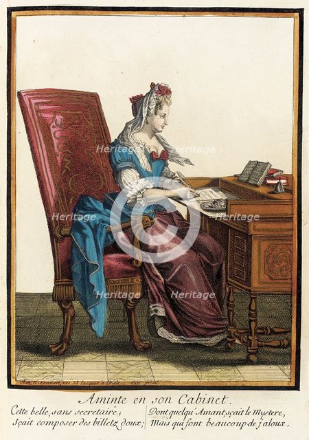 Recueil des modes de la cour de France, 'Aminte en son Cabinet', between circa 1678 and circa 1693. Creator: Nicolas Bonnart.