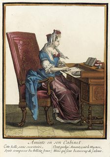 Recueil des modes de la cour de France, Aminte en son Cabinet between circa 1678 and circa 1693. Creator: Nicolas Bonnart