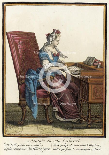 Recueil des modes de la cour de France, 'Aminte en son Cabinet', between circa 1678 and circa 1693. Creator: Nicolas Bonnart.