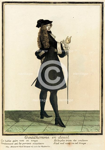 Recueil des modes de la cour de France, 'Gentilhomme en Deuil', Bound 1703-1704. Creators: Henri Bonnart, Jean-Baptiste Bonnart.