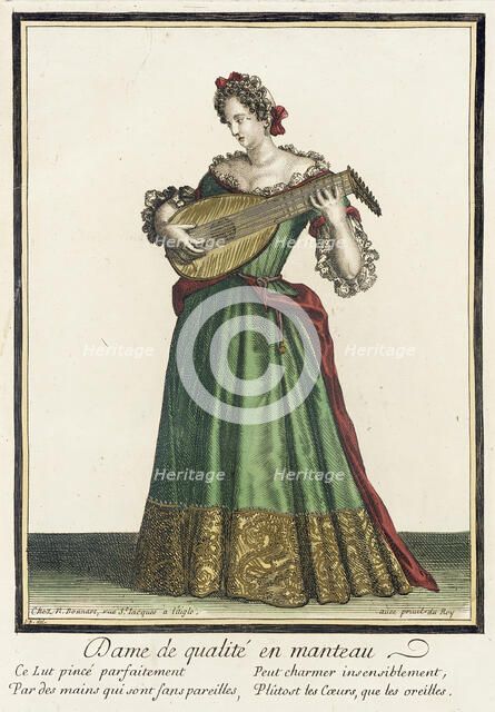 Recueil des modes de la cour de France, 'Dame de Qualité en Manteau', between c1682 and c1686. Creator: Nicolas Bonnart.