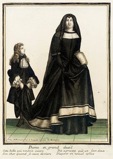 Recueil des modes de la cour de France, Dame en Grand Dueil Bound 1703-1704. Creator: Henri Bonnart