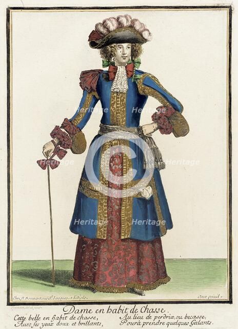 Recueil des modes de la cour de France, 'Dame en Habit de Chasse', 1670. Creator: Nicolas Bonnart.