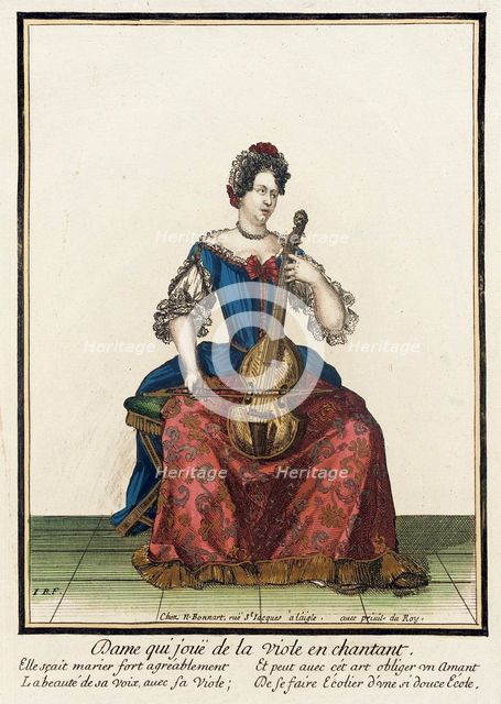 Recueil des modes de la cour de France, 'Dame qui Jouë de la Viole..., between c1682 and c1686. Creator: Nicolas Bonnart.