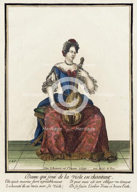 Recueil des modes de la cour de France, 'Dame qui Jouë de la Viole..., between c1682 and c1686. Creator: Nicolas Bonnart.