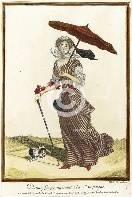 Recueil des modes de la cour de France, 'Dame se Promenant a la Campaigne', between c1675 and c1677. Creator: Jean de Dieu.
