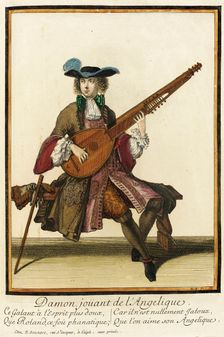 Recueil des modes de la cour de France, Damon joüant de l'Angelique between c1686 and c1690. Creator: Nicolas Bonnart