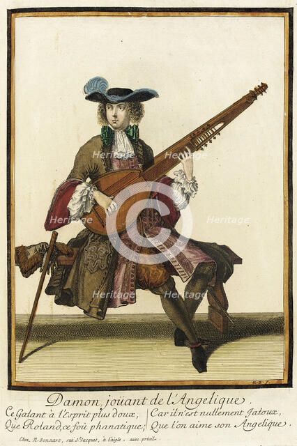 Recueil des modes de la cour de France, 'Damon joüant de l'Angelique', between c1686 and c1690. Creator: Nicolas Bonnart.