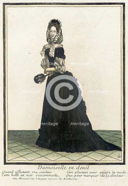 Recueil des modes de la cour de France, 'Damoiselle en Deuil', Bound 1703-1704. Creator: Henri Bonnart.