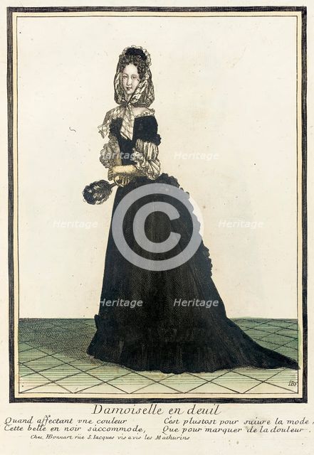 Recueil des modes de la cour de France, 'Damoiselle en Deuil', Bound 1703-1704. Creator: Henri Bonnart.