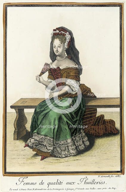 Recueil des modes de la cour de France, 'Femme de Qualité aux Thuilleries', 1687. Creator: Nicolas Arnoult.