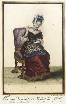 Recueil des modes de la cour de France, Femme de Qualité, en d'Eshabillé d'Esté 1687. Creator: Nicolas Arnoult