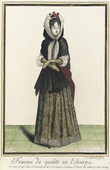 Recueil des modes de la cour de France, Femme de Qualité en Echarpe between c1681 and c1683. Creator: Nicolas Arnoult