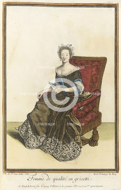 Recueil des modes de la cour de France, 'Femme de Qualité en Grisette', 1683. Creator: Jean de Dieu.