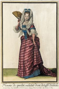 Recueil des modes de la cour de France, Femme de Qualité, en Habit d'Esté, Détoffe Siamoise 1687. Creator: Nicolas Arnoult