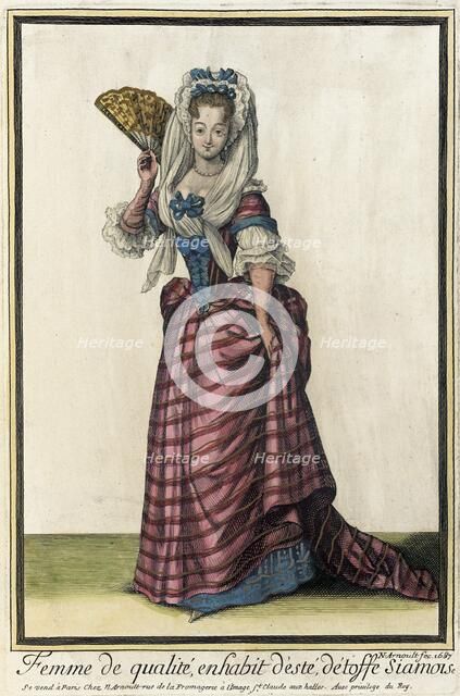 Recueil des modes de la cour de France, 'Femme de Qualité, en Habit d'Esté, Détoffe Siamoise', 1687. Creator: Nicolas Arnoult.