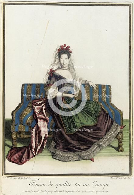 Recueil des modes de la cour de France, 'Femme de Qualité sur un Canapé', 1686. Creator: Jean de Dieu.